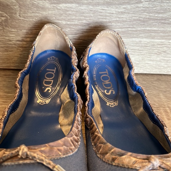 Authentic Tod's Blue Satin With Snakeskin Trim Scrunch Dee Ballet Flats - Picture 12 of 16